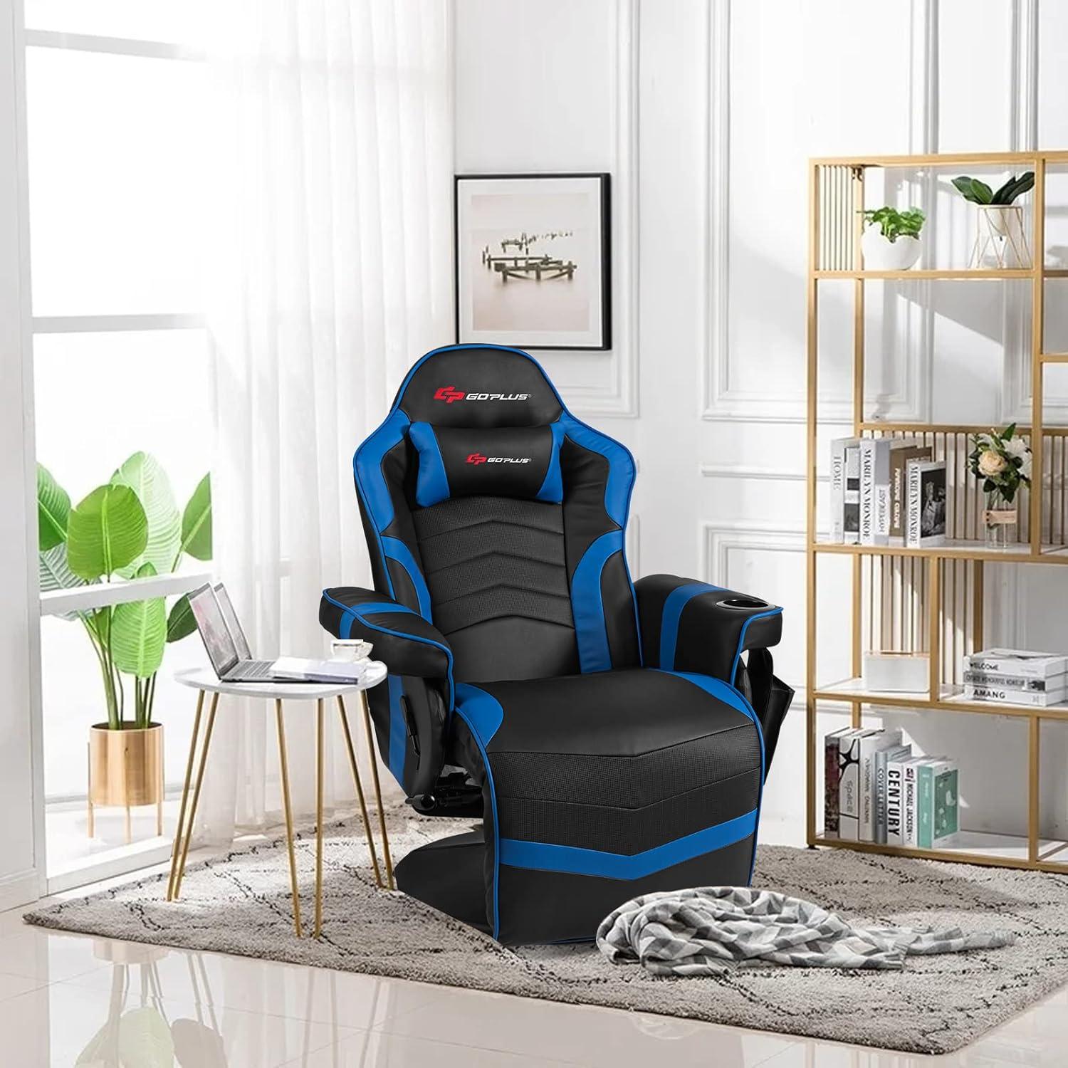 Costway Massage Gaming Recliner Reclining Racing Chair Swivel Blue