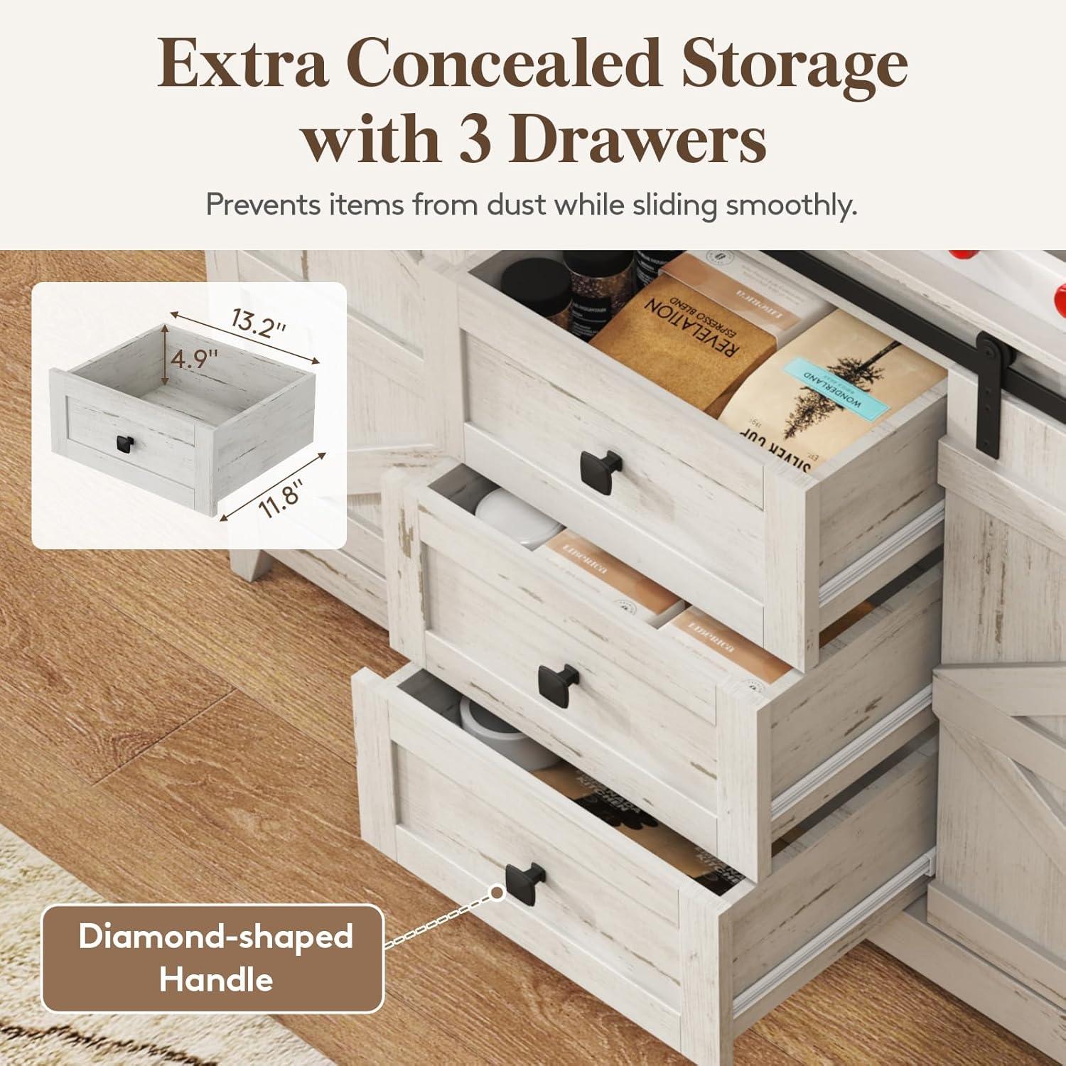 Gracie Oaks Farmhouse Wine Bar Cabinet With Sliding Bar Door And Led Lights, Sideboard With 2 Layers Tabletops, Wine And Glass Racks, 2 Storage Cabinets With Adjustable Shelf, 3 Drawers, Rustic White