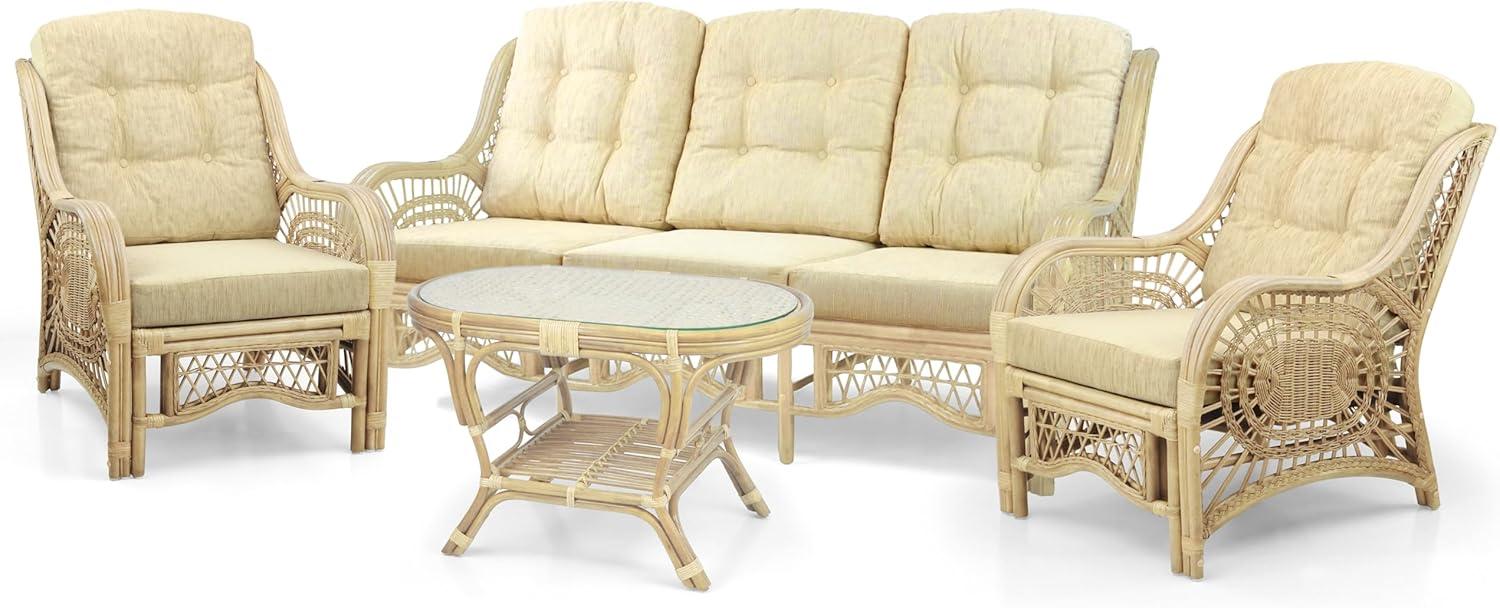 Natural Rattan Wicker Lounge Set with Cream Cushions