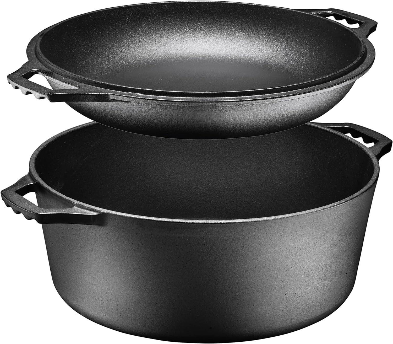 Bruntmor 2-in-1 Gray Enamel Cast Iron Dutch Oven & Skillet Set, 5 Quarts | All-in-One Cookware for Induction, Electric, Gas, Stovetop & Oven