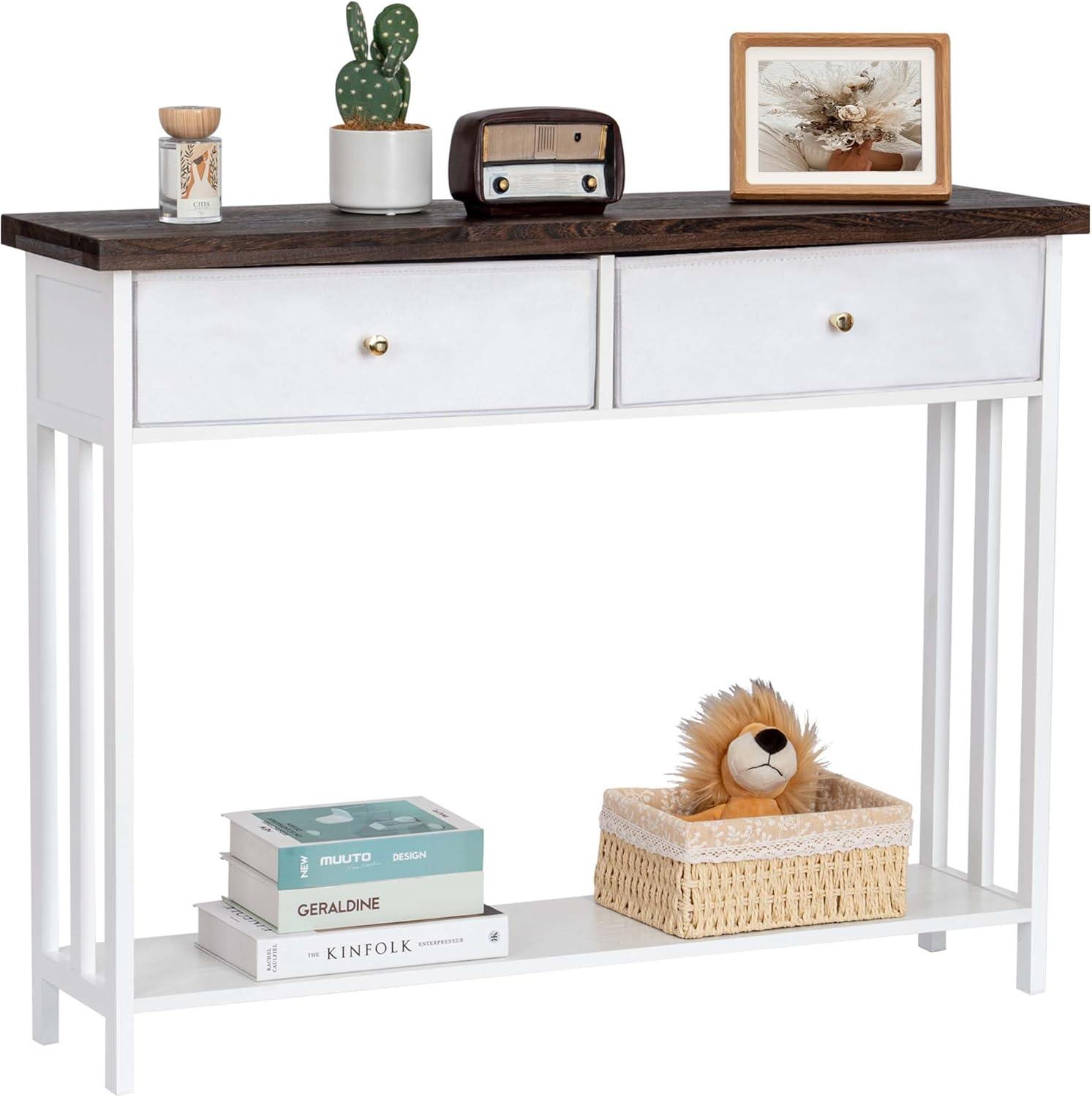 Console Table with 2 Fabric Drawers, 42" Solid Wood Entryway Table with Shelves, Storage Sofa Table for Entryway, Hallway, Living Room, Kitchen or Behind Couch in Foyer, White