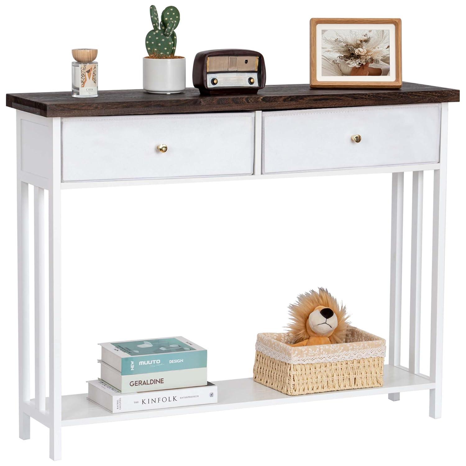 Console Table with 2 Fabric Drawers, 42" Solid Wood Entryway Table with Shelves, Storage Sofa Table for Entryway, Hallway, Living Room, Kitchen or Behind Couch in Foyer, White