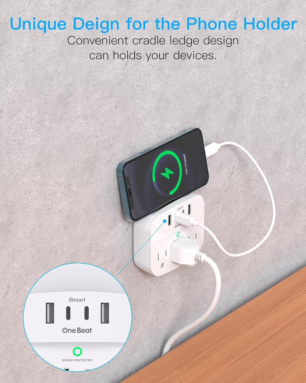 White Compact Surge Protector Wall Tap with USB Ports