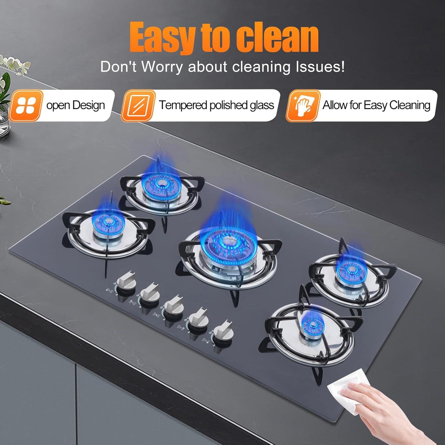 30"  Gas Stove Cooktop, 5 Burners Built-in Tempered Glass LPG/NG Stove with Flameout Protection for Kitchen Black