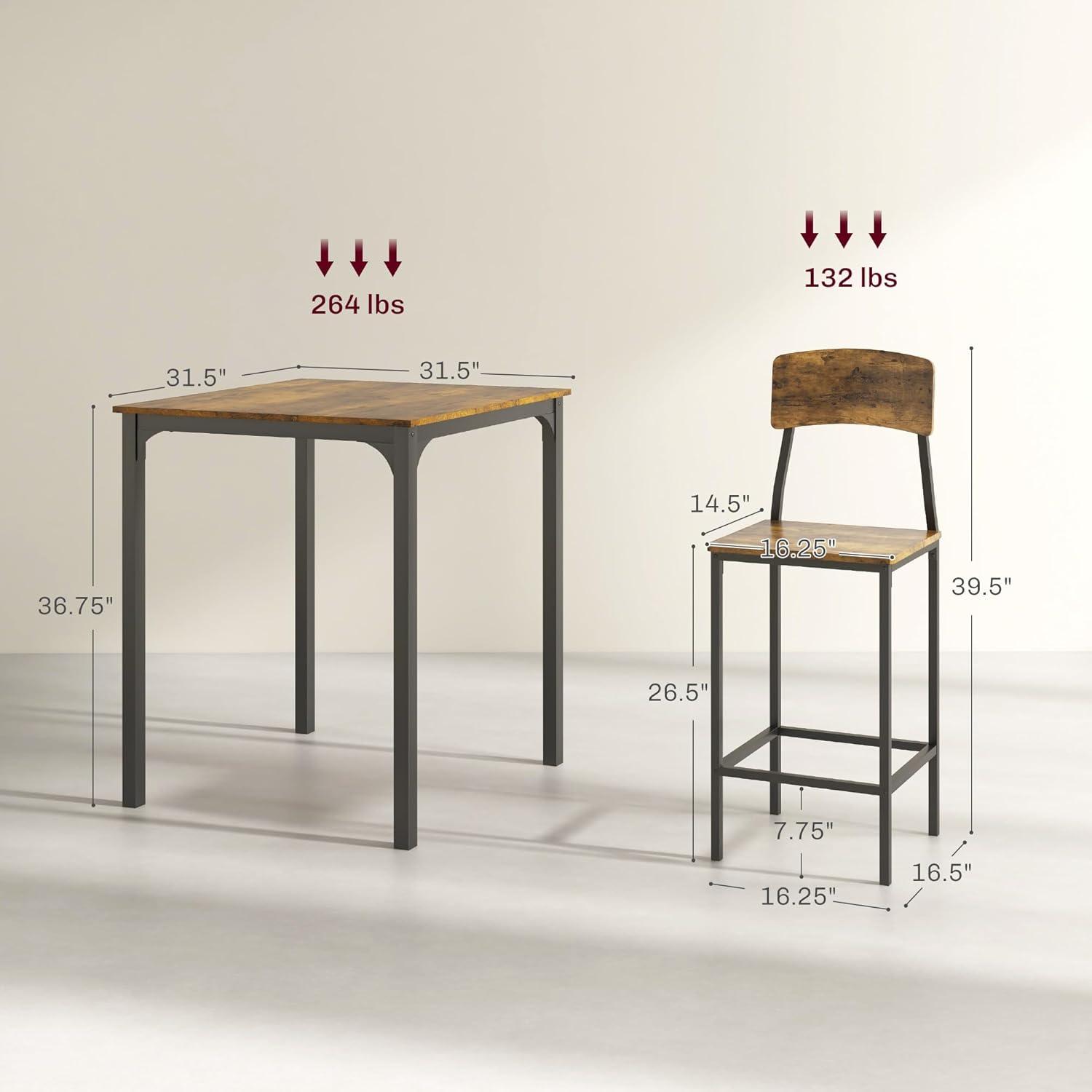 HOMCOM 3 Piece Bar Table and Chairs Set, Industrial Small Dining Table Set for 2, Square Kitchen Table and Stools, Rustic Brown and Black