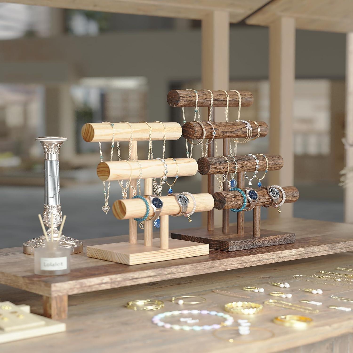 Gracie Oaks Bracelet Holder Display Bracelet Organizer, Wooden Bracelet Stand For Selling, T-Bar Bangle Storage Rack Wood Watch Display Tower For Business - 4 Tier, Brown | Wayfair