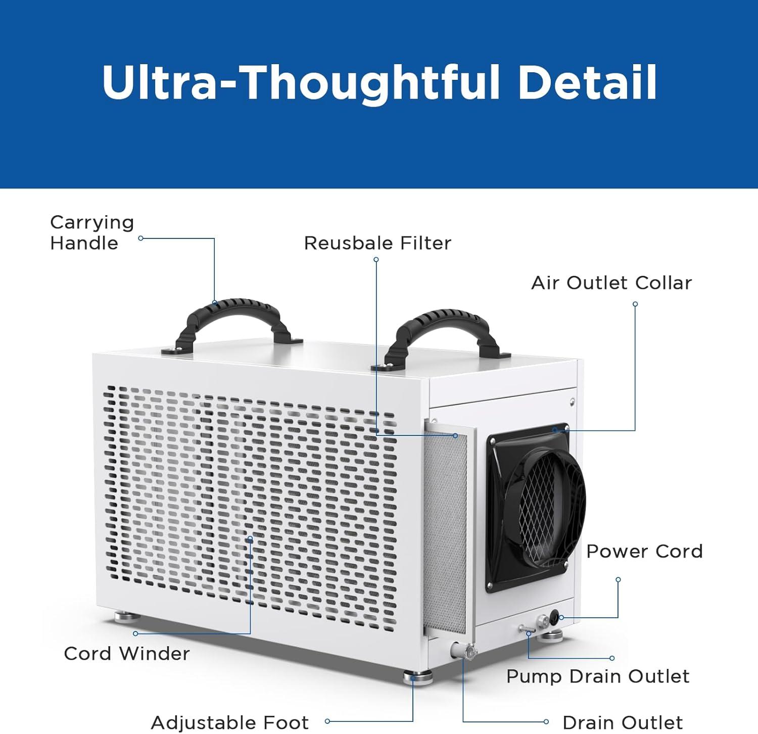 Moiswell 145 PPD Commercial Dehumidifiers with Pump and Hose, Crawl Space Basement Dehumidifier, 5 Years Warranty