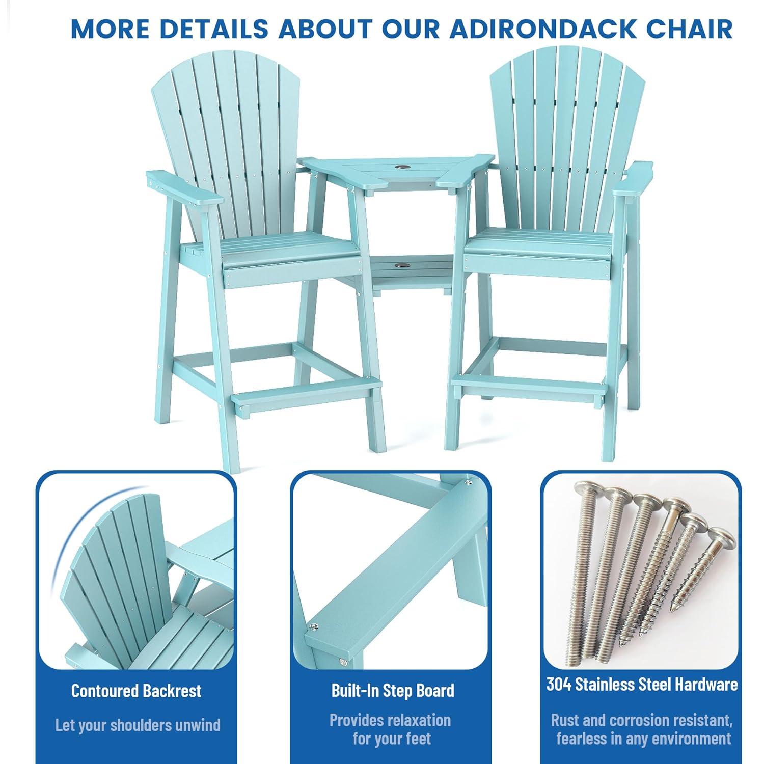 JUSTLET Tall Plastic Adirondack Chair Set of 2 W/ Outdoor Barstools and Connecting Tray, Brown