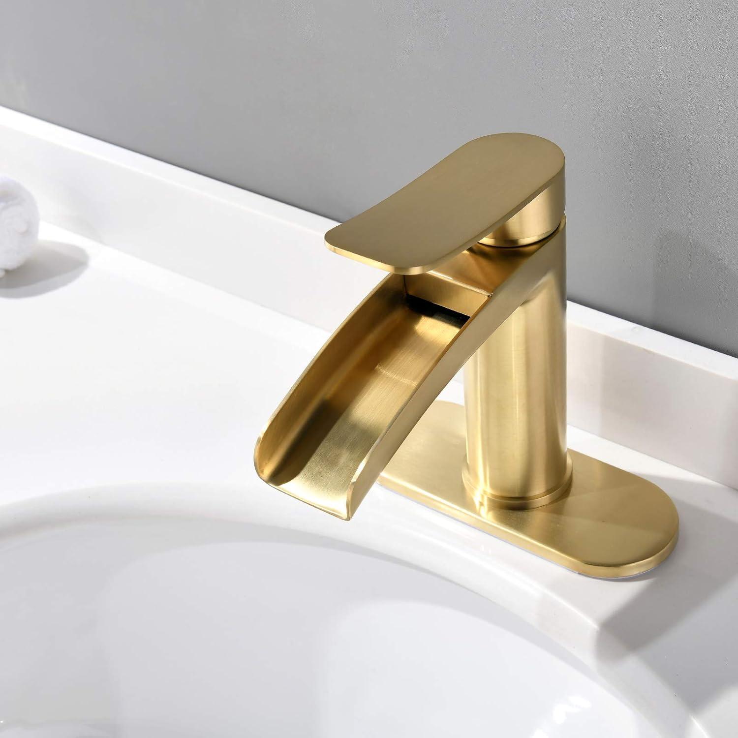 Waterfall Bathroom Sink Faucet Single Handle, with 4-Inch Deck Plate & Metal Pop Up Drain Assembly by phiestina Gold