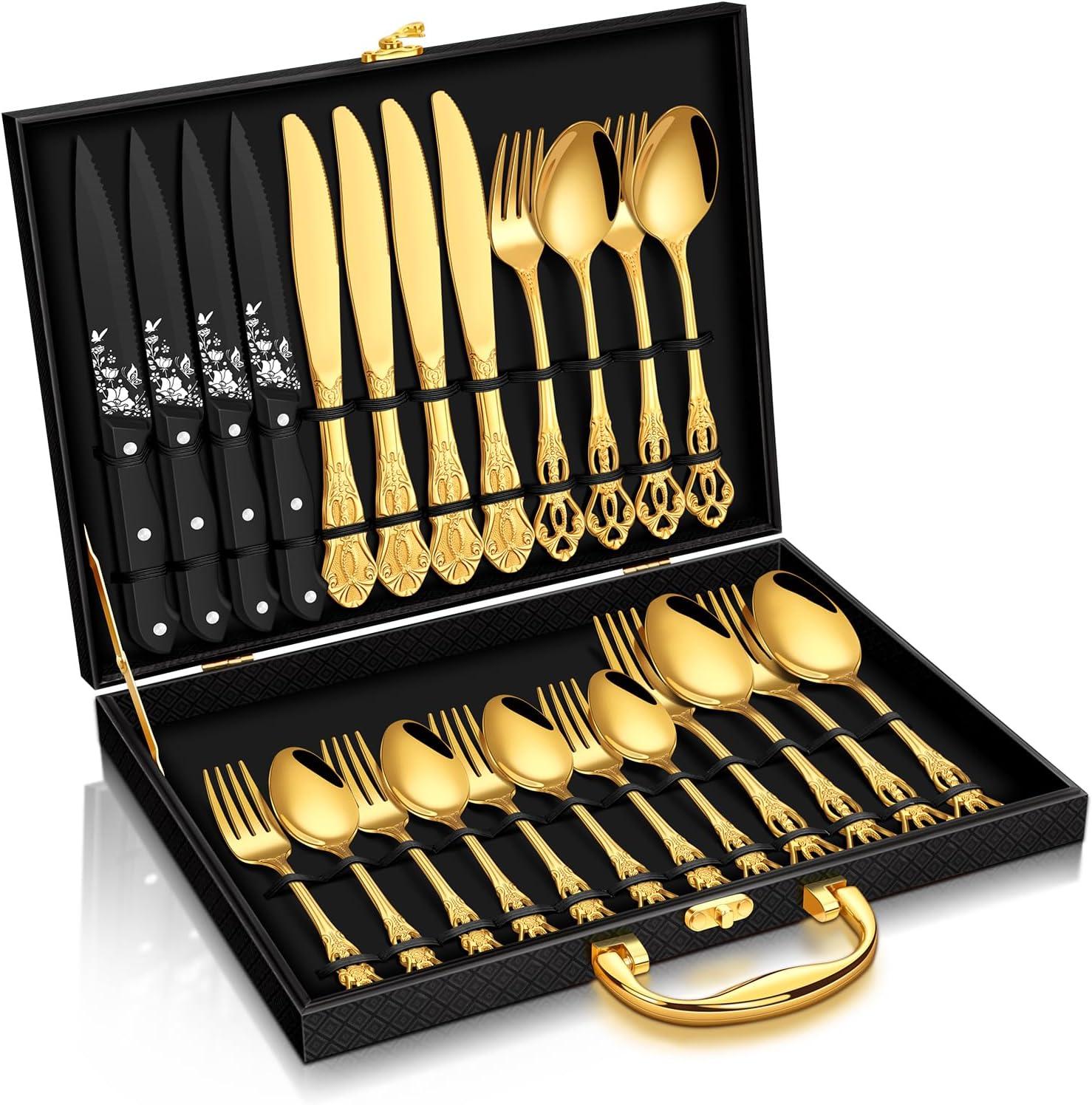 Astoria Grand 24-Piece Stainless Steel Royal Silverware Set for 4 - Complete Cutlery Set with Forks, Spoons, Knives, and Gift Box