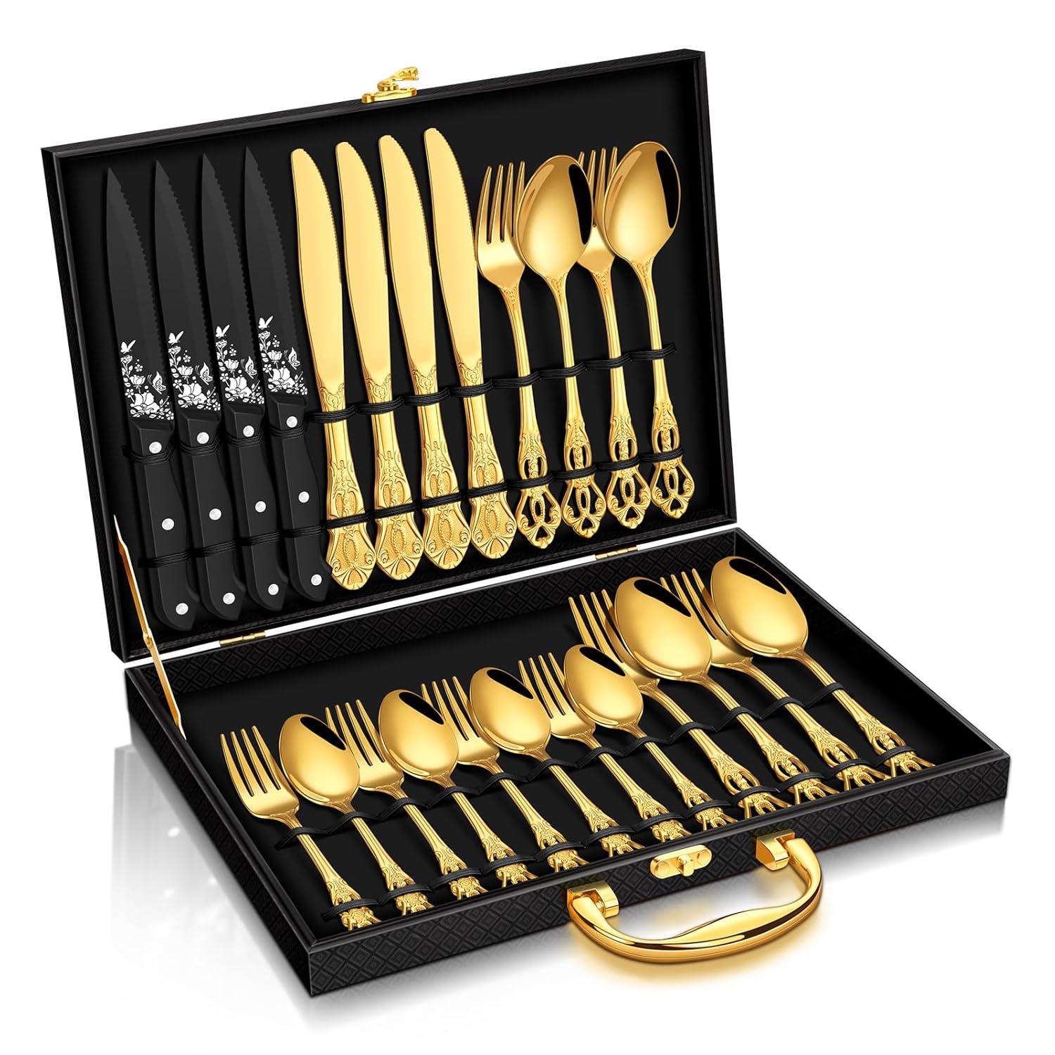 Astoria Grand 24-Piece Stainless Steel Royal Silverware Set for 4 - Complete Cutlery Set with Forks, Spoons, Knives, and Gift Box