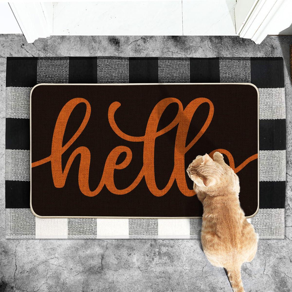 The Holiday Aisle® Black Orange Hello Halloween Doormat, Home Decor Low-Profile Switch Rug Door Mat Floor Mat For Indoor Outdoor 17X29 Inch