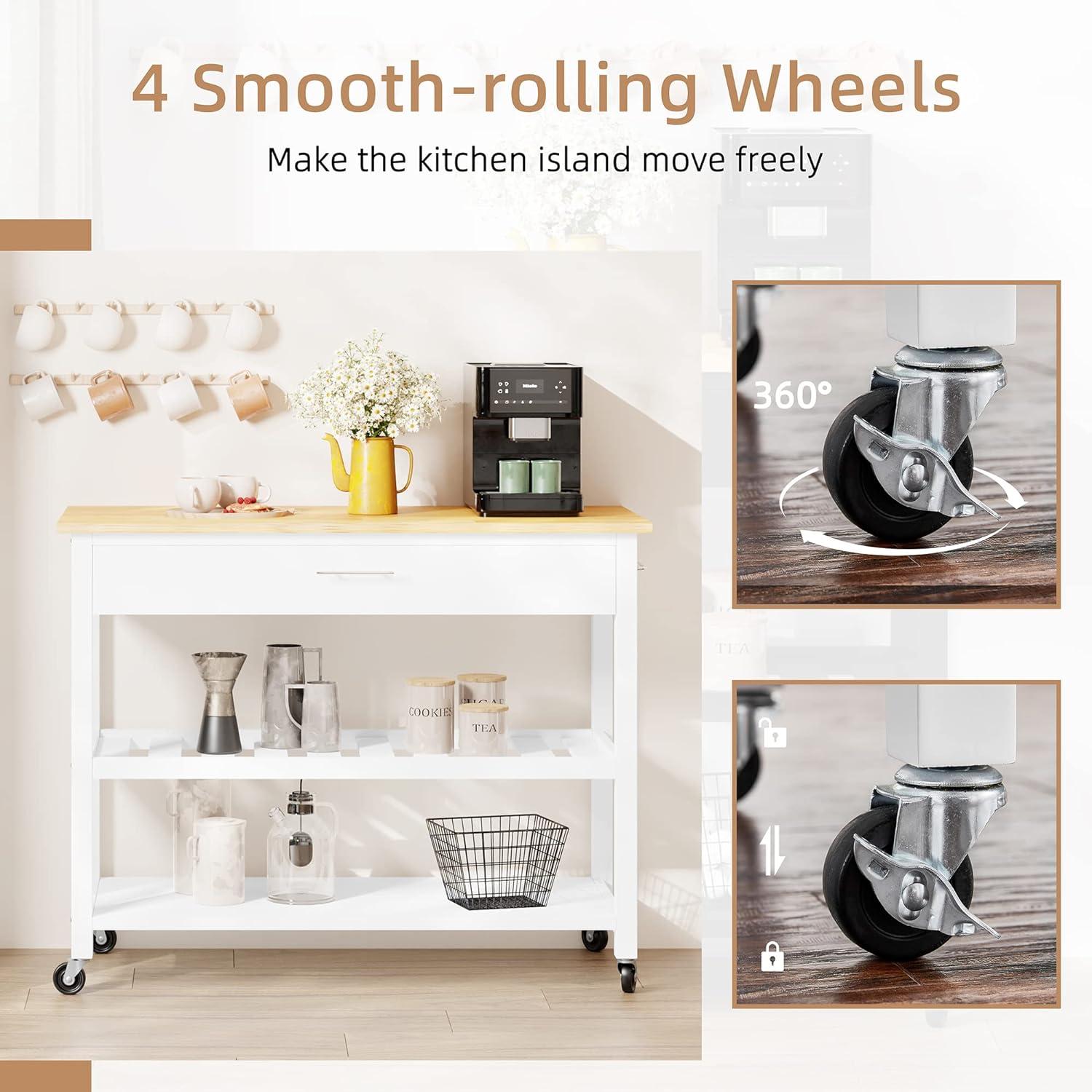 Sobaniilo Small Kitchen Island on Wheels with 3-Tier Side Spice Rack and Rubber Wood Top, Trolley Cart with Storage Cabinet & Drawer and Handle/Towel Rack, White