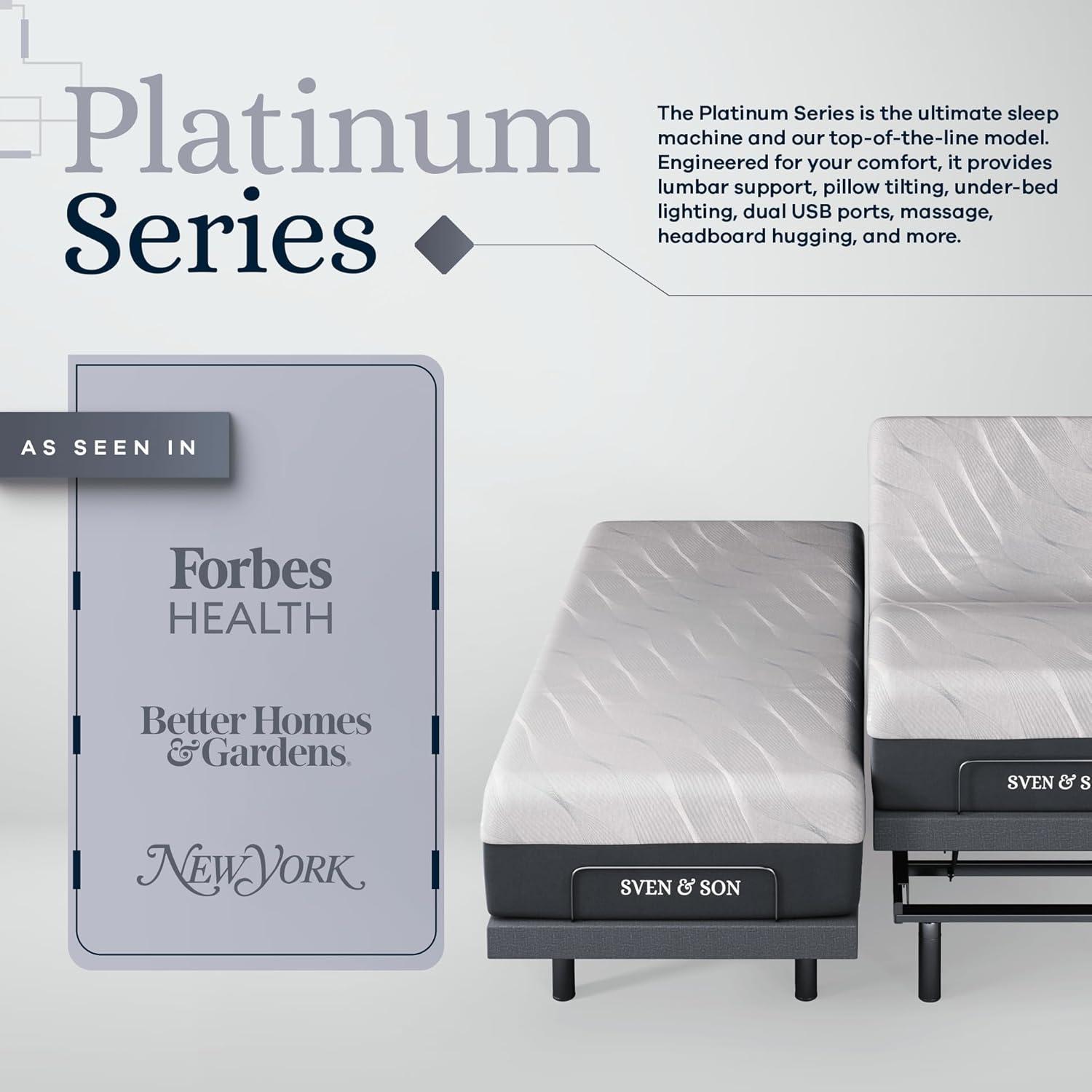 Sven & Son Platinum Adjustable Bed Base (Frame Only), Head and Foot Lift, Lumbar Support, Head (Pillow) Tilt, Massage, USB - King