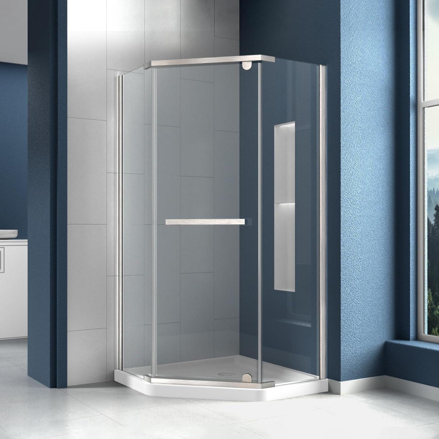 38" W x 38" D x 72" H Semi-Frameless Neo-angle Shower Door with Towel Bar and Fixed Panel