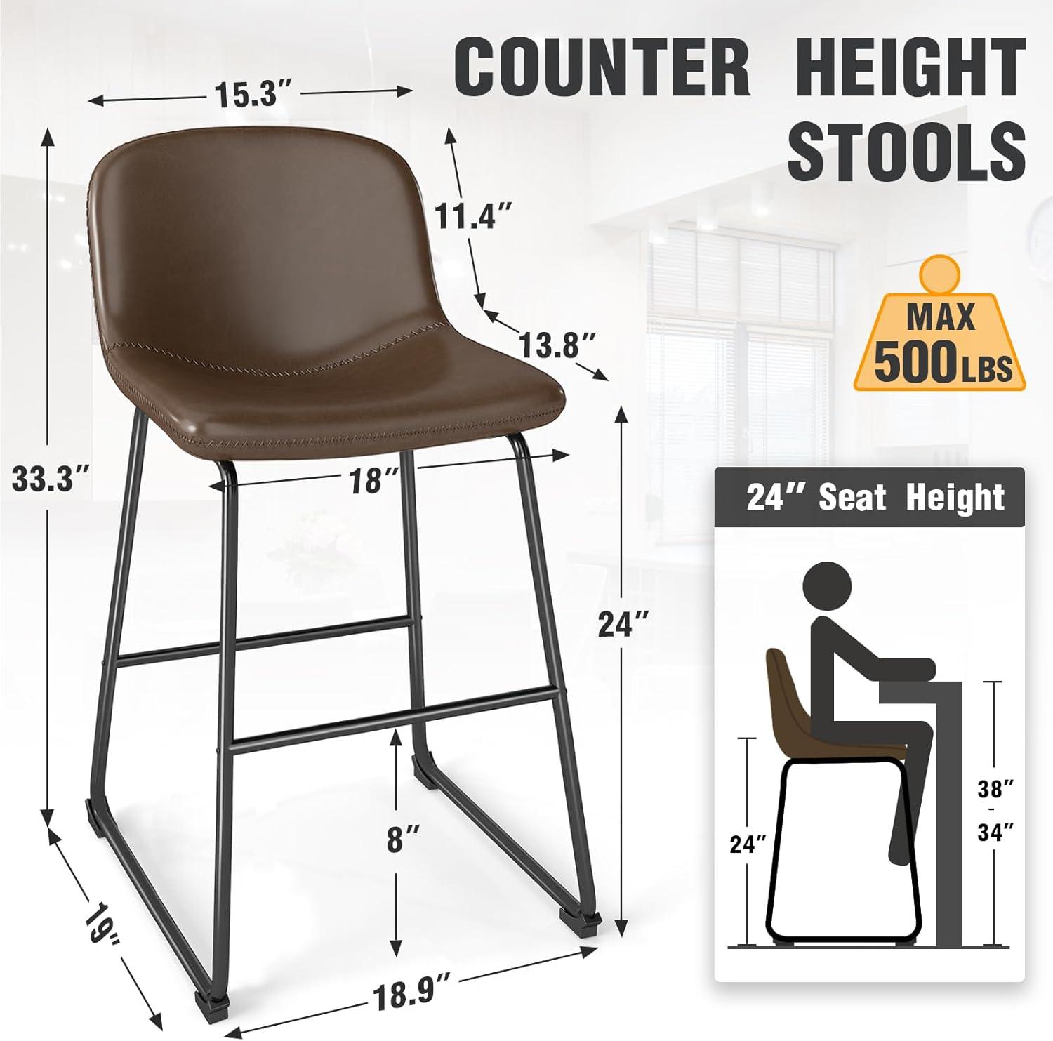 Bennium Counter Stools Set of 2, 24 inch Counter Height Bar Stools Hold up to 500 lbs, Armless Counter Height Chairs with Metal Legs & Soft Backrest for Kitchen Island Coffee Shop, Brown