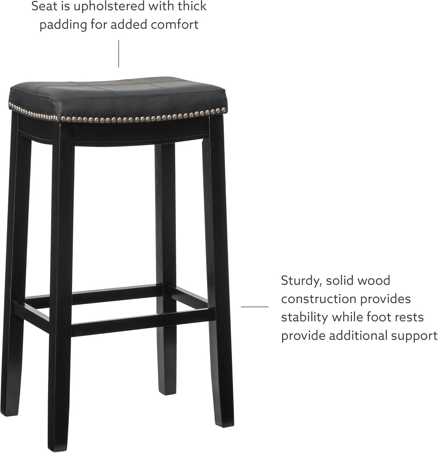 Claridge Backless Faux Leather Nailhead Saddle Barstool Black - Linon: Rubberwood Frame, 32.25" Height
