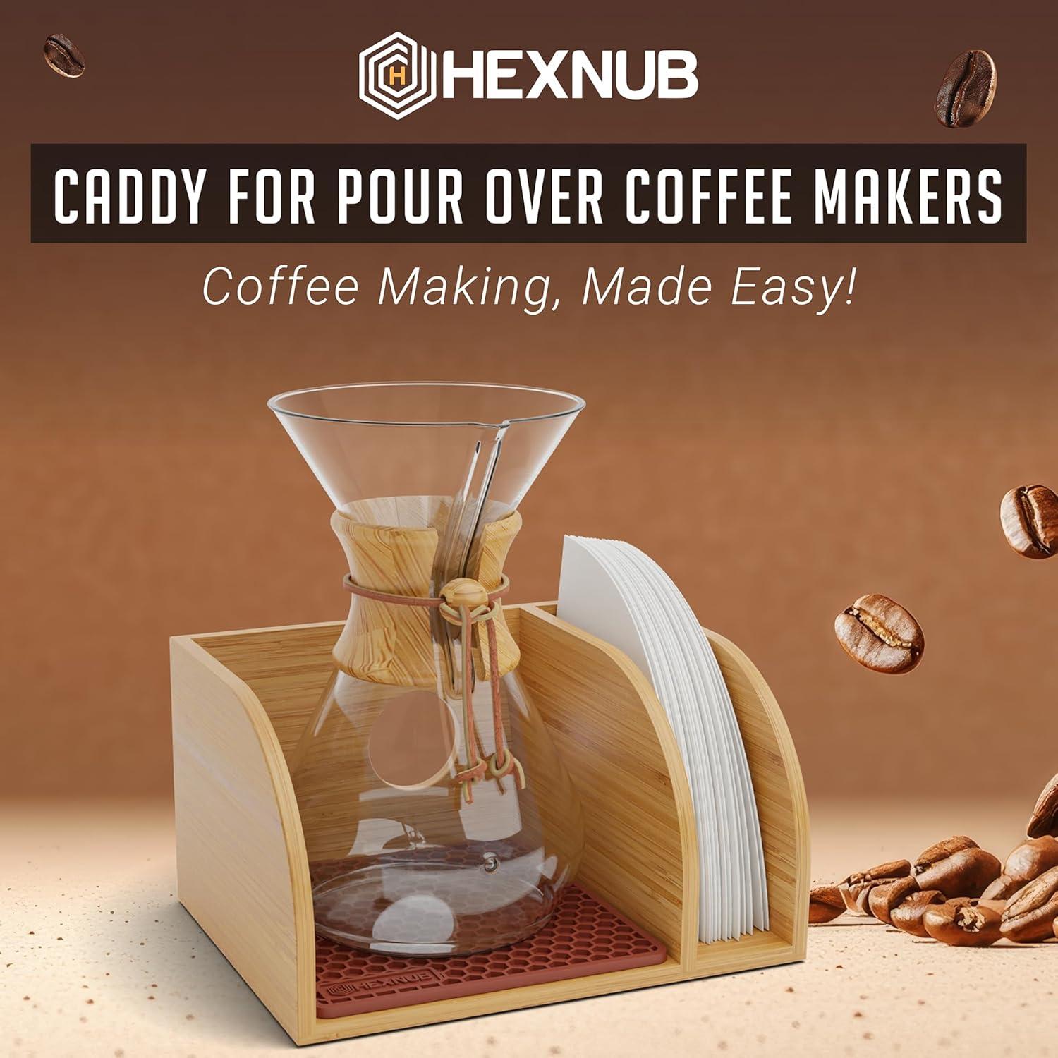 HEXNUB Bamboo Caddy for Chemex, Bodum, Cosori Pour Over Coffee Makers - Cork Mat