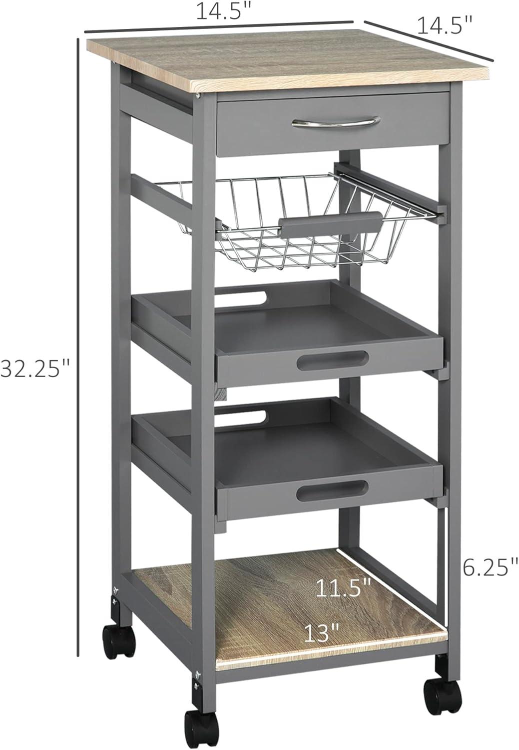 HOMCOM Mobile Rolling Kitchen Island Trolley Serving Cart with Underneath Drawer & Slide-Out Wire Storage Basket, Grey