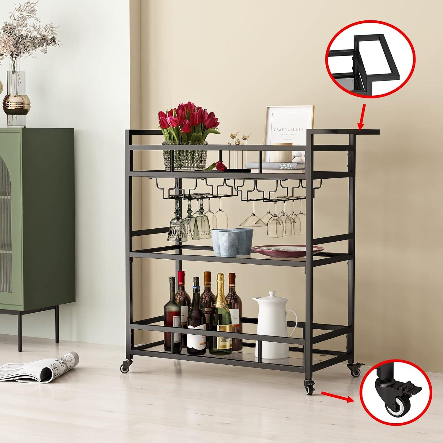 Black Metal 3-Tier Bar Cart with Glass Shelves and Wine Rack