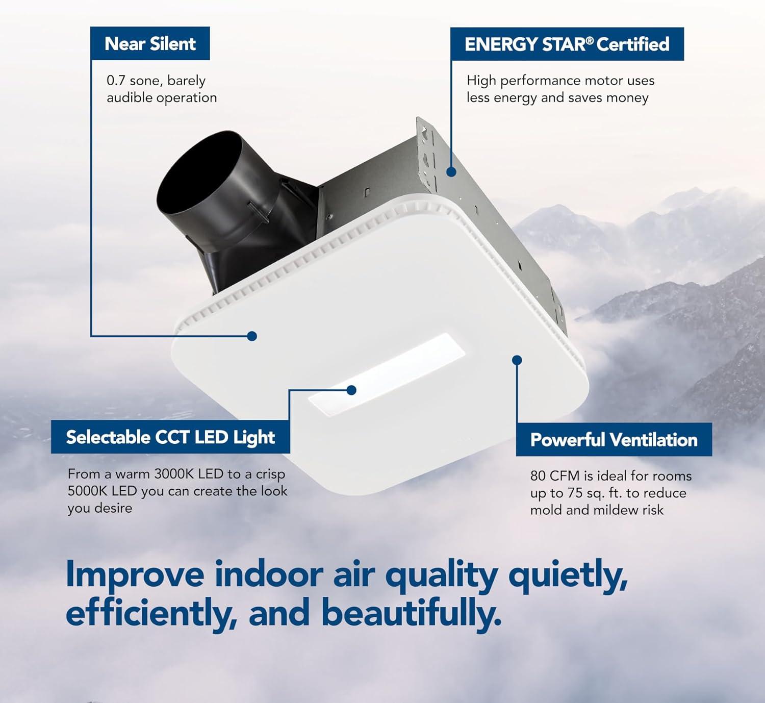 Cleancover Bath Fan, 80 CFM, 0.7 Sone, With Selectable CCT LED Light, Energy Star