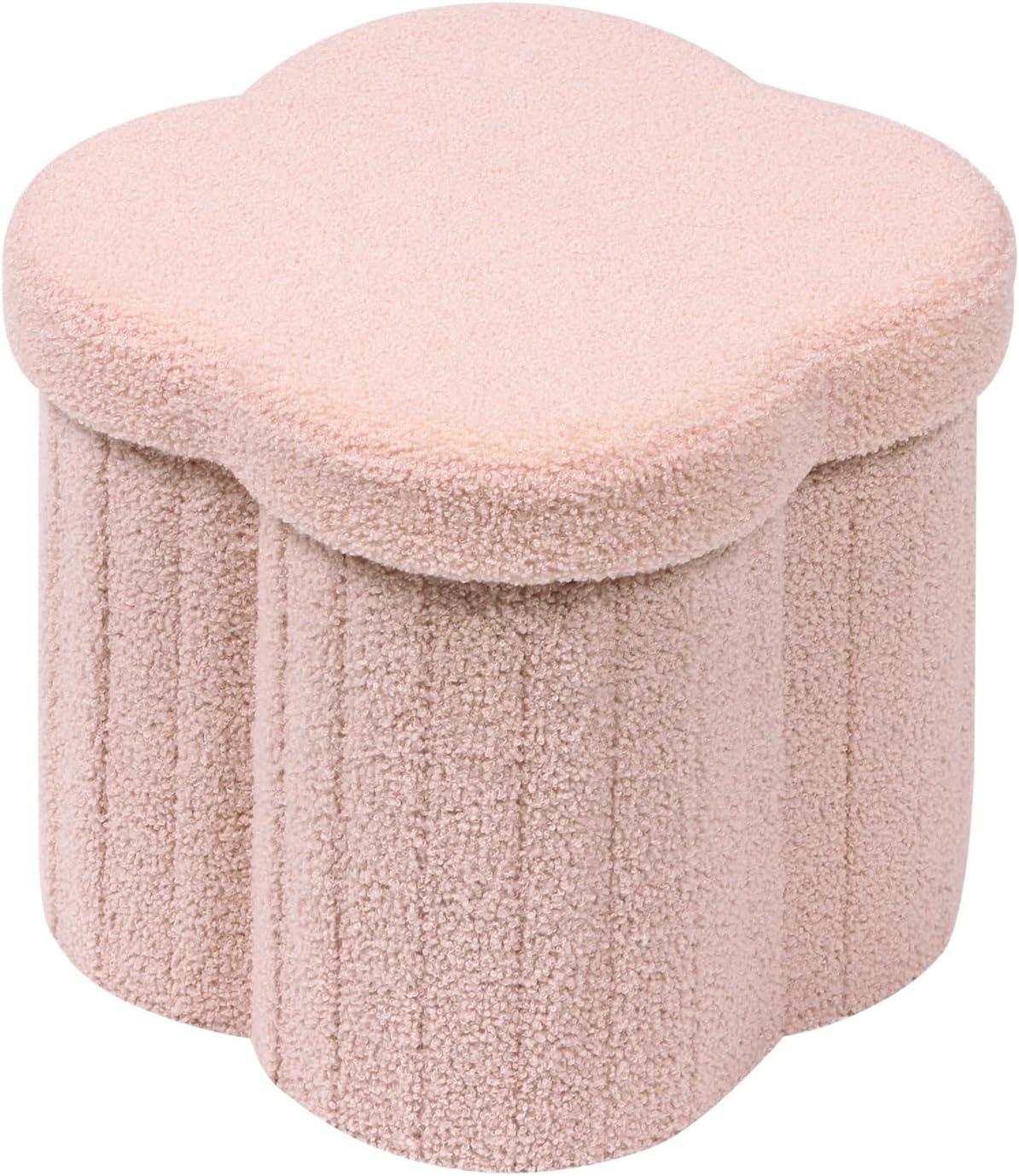 PINPLUS 12.6" Storage Ottoman,Toy Chest Box，Folding Footrest Stool Seat,Flower Shape,Sherpa Fabric,Pink