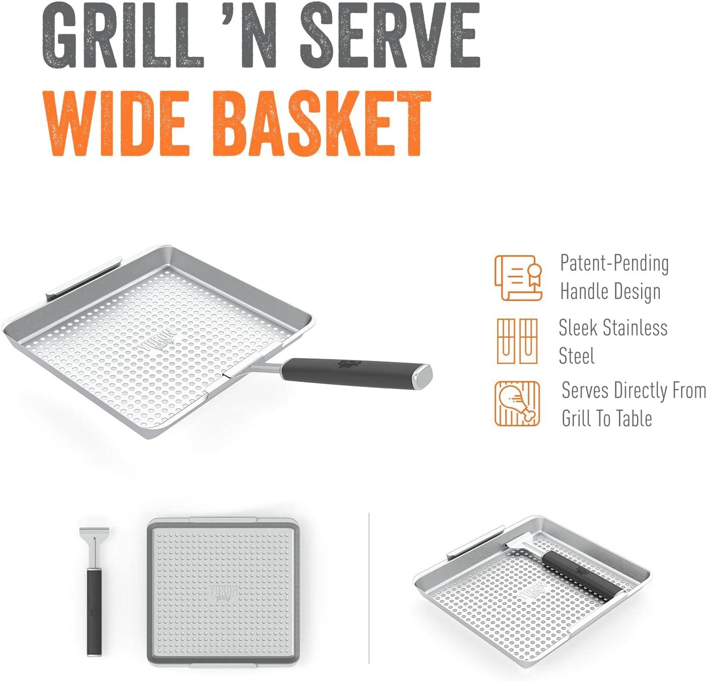 Yukon Glory Wide Grill Basket Set With Clip-On Handle, Perfect For Grilling Fish, Veggies and Meats
