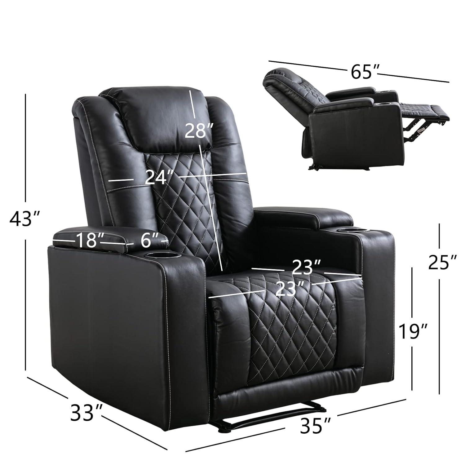 Bonzy Home Electric Power Recliner Chair Soft Air Breathable Leather Reclining for Adults with USB Ports and Cup Holders, Black Home Theater Seating with Hidden Arm Storage Movie & Media Room Chairs
