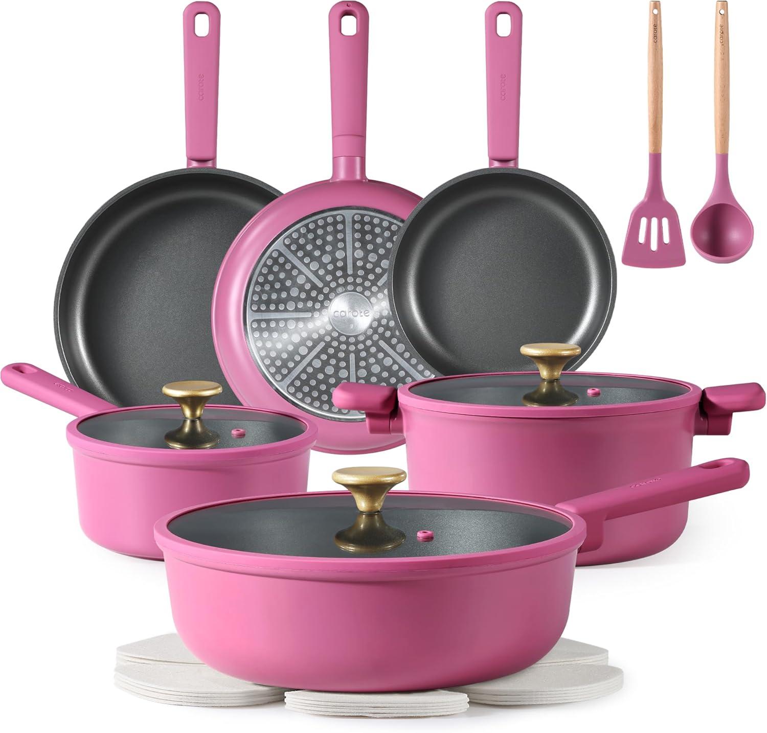CAROTE 16pcs Nonstick Cookware set, Pots and Pans, Premium Induction Cookware, Durable & Easy to Clean, Large Frying Pan, Rose Pink