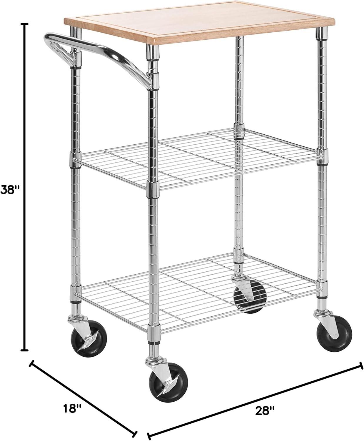 Chrome and Wood Rolling Kitchen Cart with Cutting Board