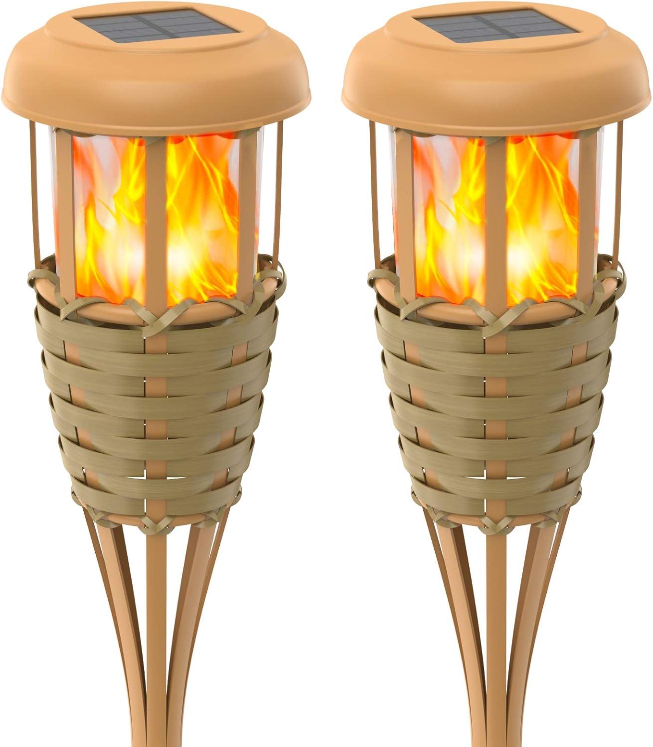 Upgraded Solar Torches - Waterproof Outdoor Decorative Lighting with Flickering Flames - Handmade Bamboo Weaving - Create the Perfect Tropical Island Atmosphere - Adjustable Height -