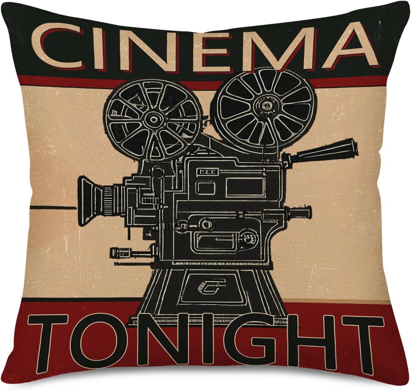 Smilyard Movie Theater Cinema Throw Pillow Covers Vintage Cinema Ticket with Popcorn Throw Pillow Case 18x18 Inch Cotton Linen Personalized Home Decor Cushion Cover for Sofa Set of 4 (Cinema Set)