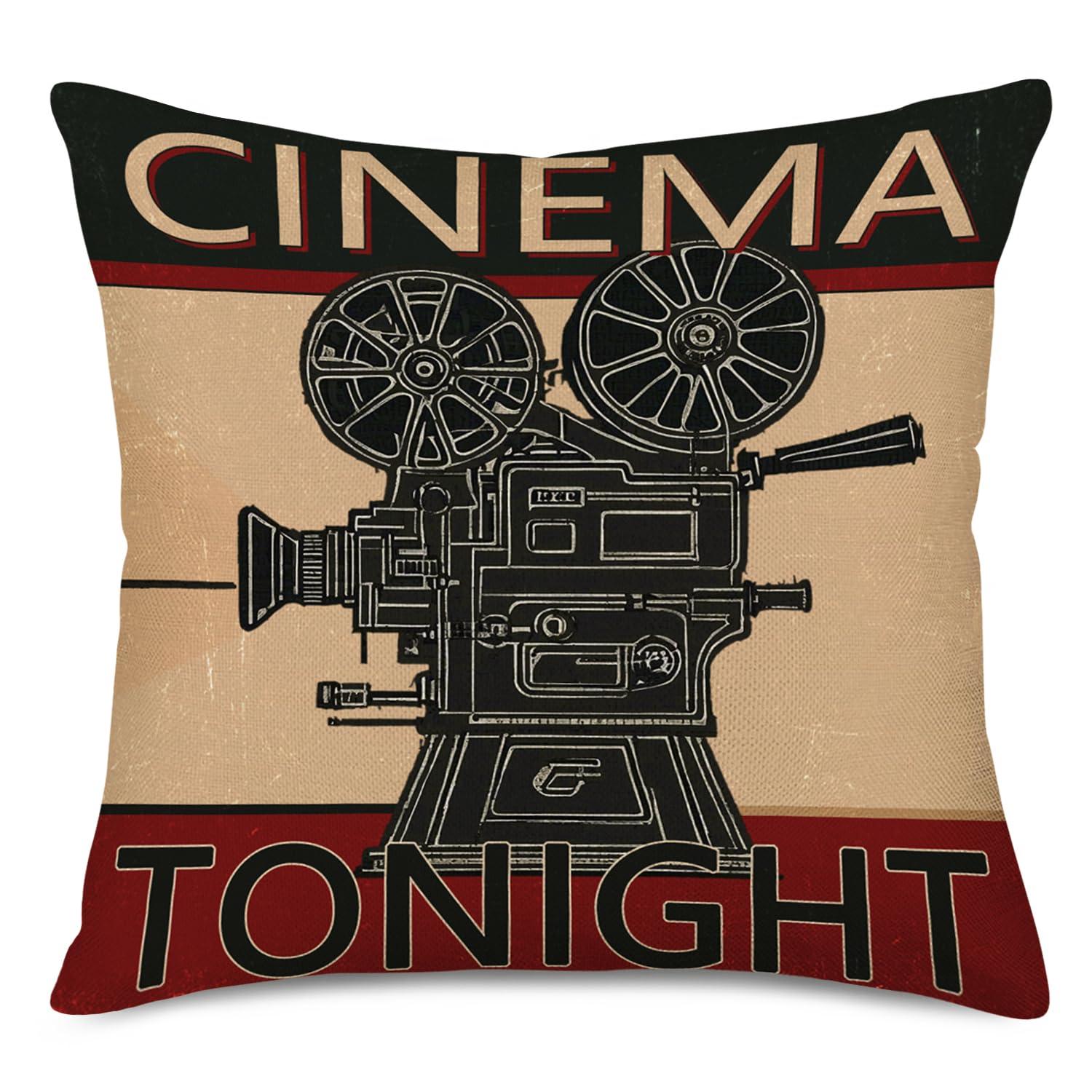 Smilyard Movie Theater Cinema Throw Pillow Covers Vintage Cinema Ticket with Popcorn Throw Pillow Case 18x18 Inch Cotton Linen Personalized Home Decor Cushion Cover for Sofa Set of 4 (Cinema Set)