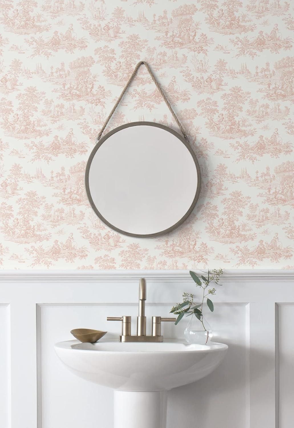 NextWall Chateau Toile Peel and Stick Wallpaper Pink: Vintage Vinyl, Self-Adhesive, Repositionable, Washable, 30.75 Sq Ft Coverage