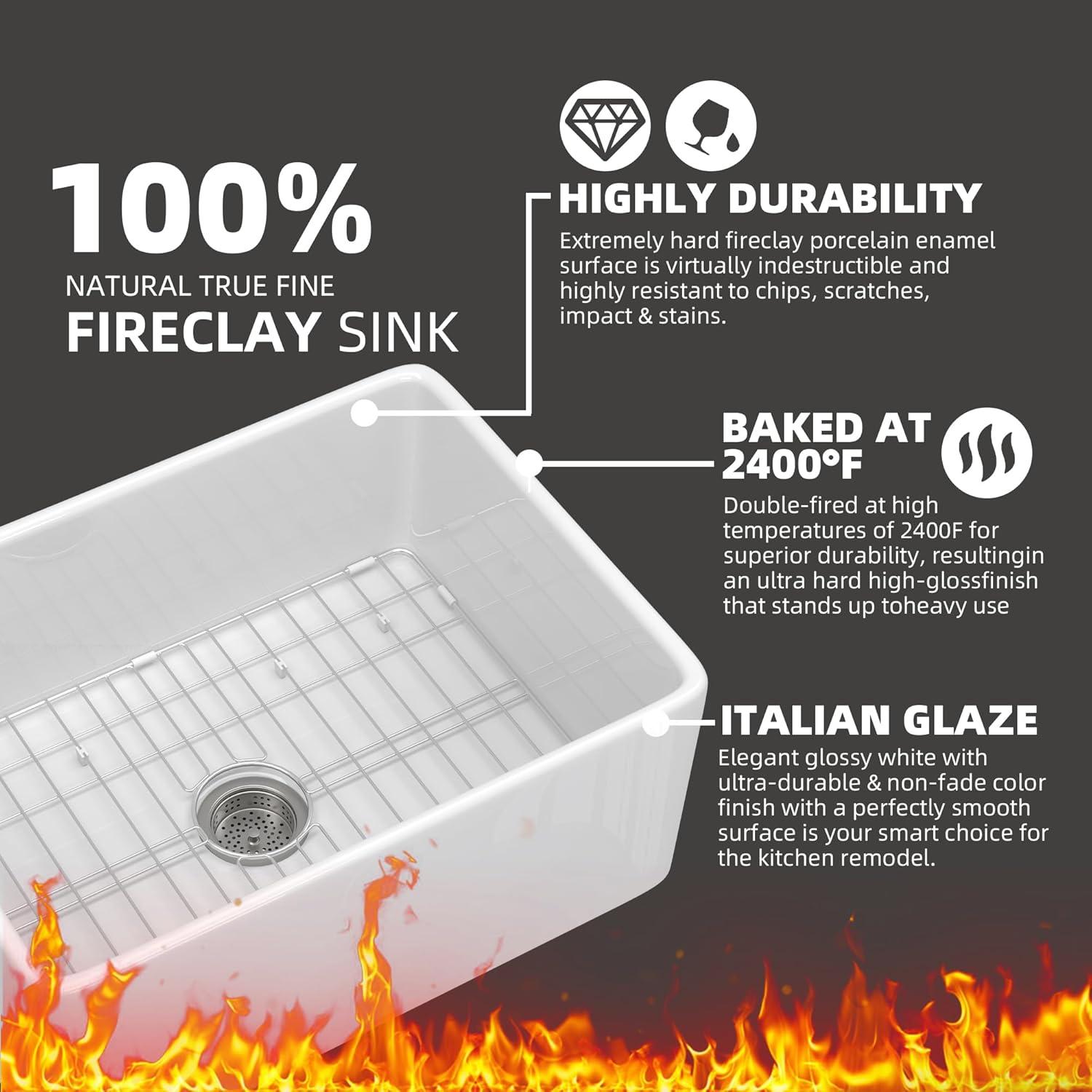 Small Farmhouse Sink 24 X18 White Fireclay Undermount Kitchen Sinks Deep Single Bowl Drop in Modern Apron Front Farm Sink For Kitchen with Protective Bottom Grid and Strainer