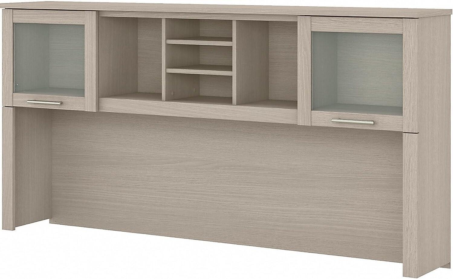 Sand Oak Transitional 71" Desk Hutch with Frosted Glass Doors