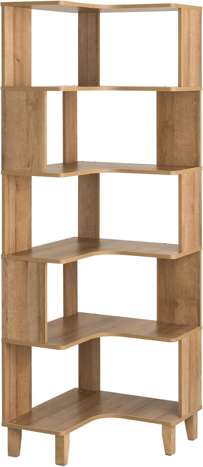 Natural Oak 6-Tier Corner Wood Bookcase with Open Back