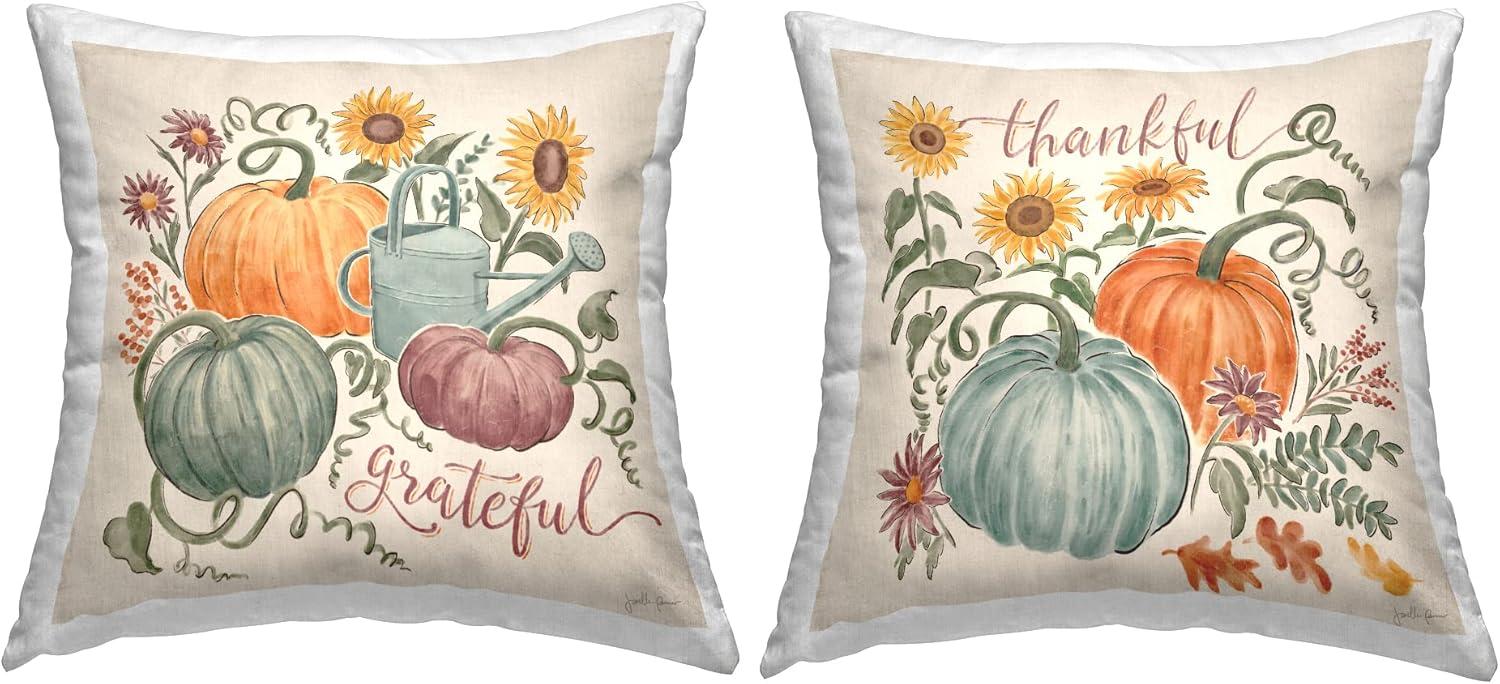 Autumnal Floral Pumpkins Decorative Square Throw Pillows Set