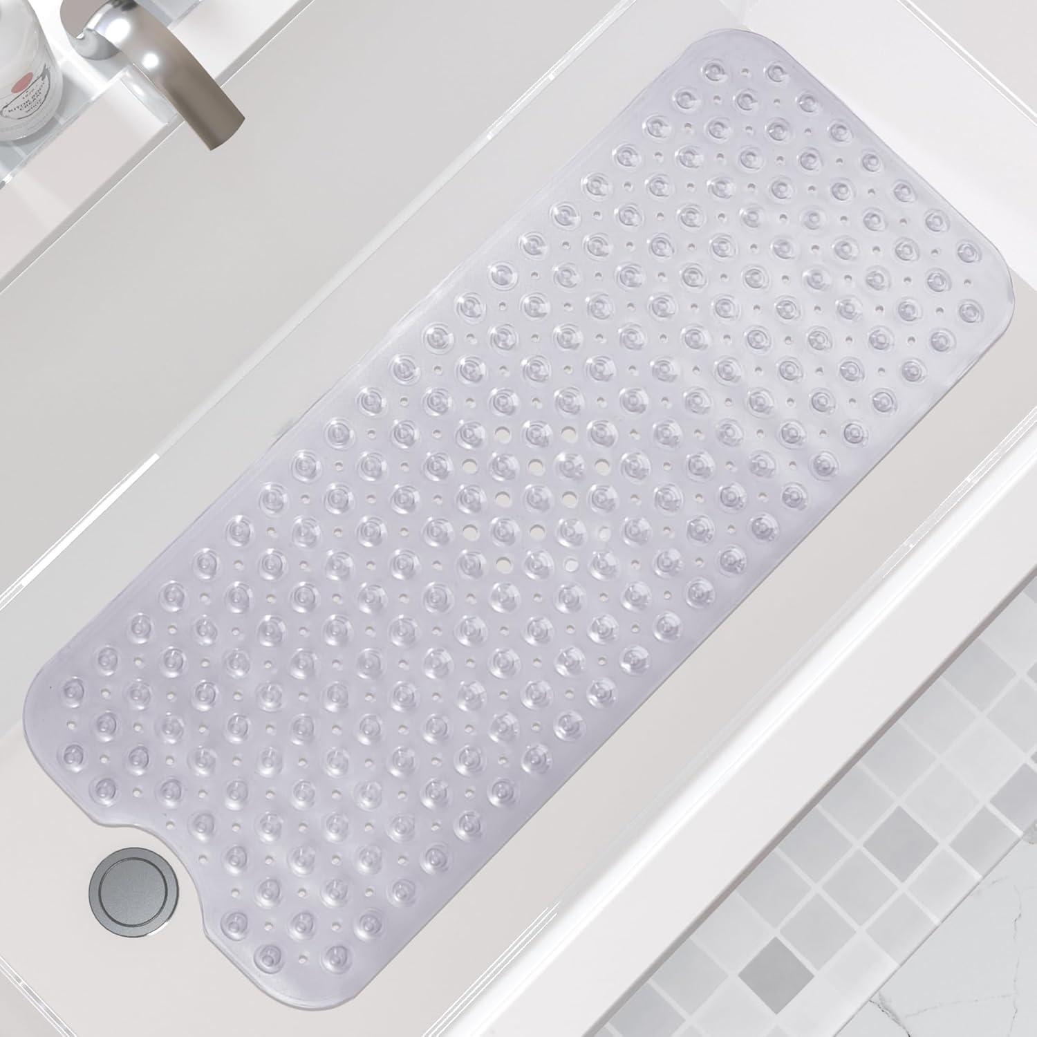 Yimobra Non Slip Bathtub Mat, Super Strong Suction Cups, 40"x16" Extra Long Shower Mat with Drain Holes, Machine Washable Fast Draining Bathroom Floor Mat, Clear Grey
