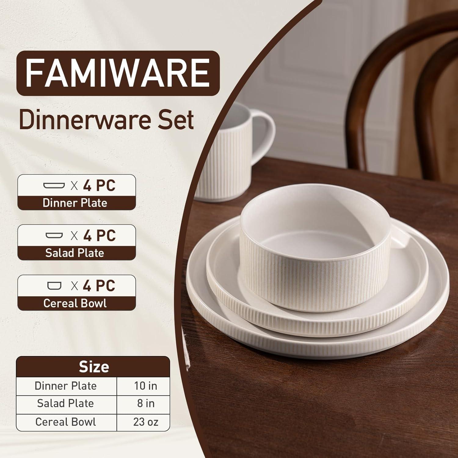 Famiware Star Stoneware Dinnerware Sets, Plates and Bowls Set for 4, 12 Piece Dish Set, Matte White