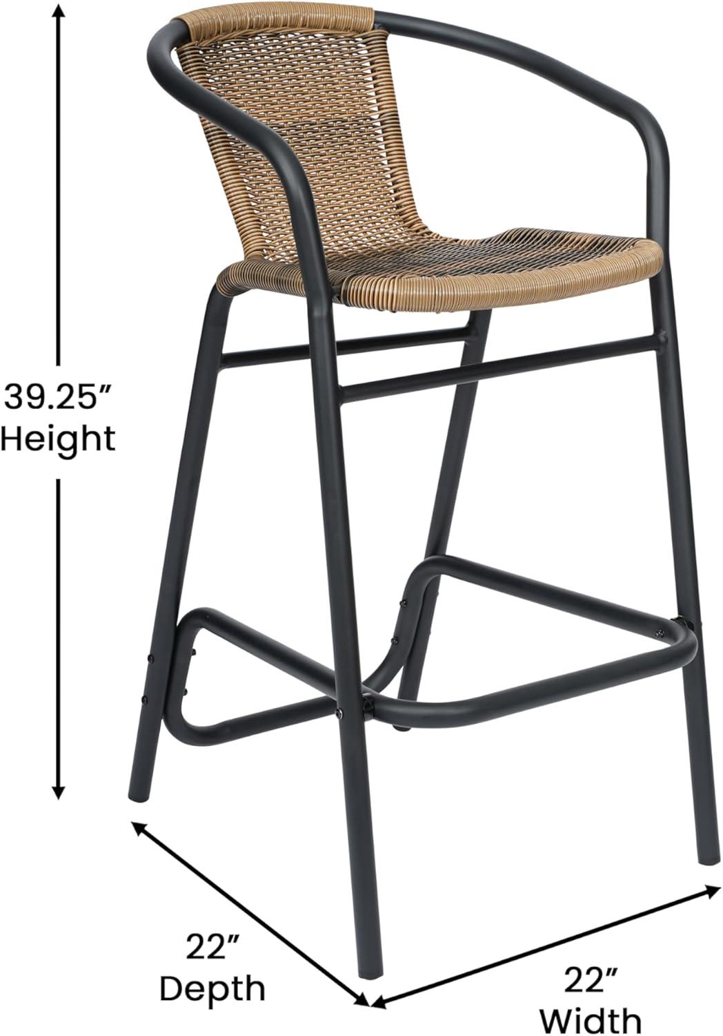 Flash Furniture Lila Set of 2 Commercial Grade Indoor-Outdoor PE Rattan Restaurant Barstool with Black Aluminum Frame and Footrest in Medium Brown