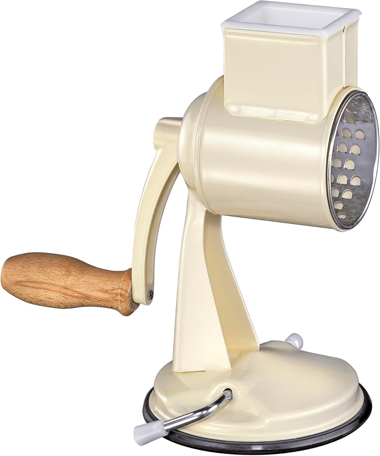 Cream Metal and Wood Rotary Drum Grater with Suction Base