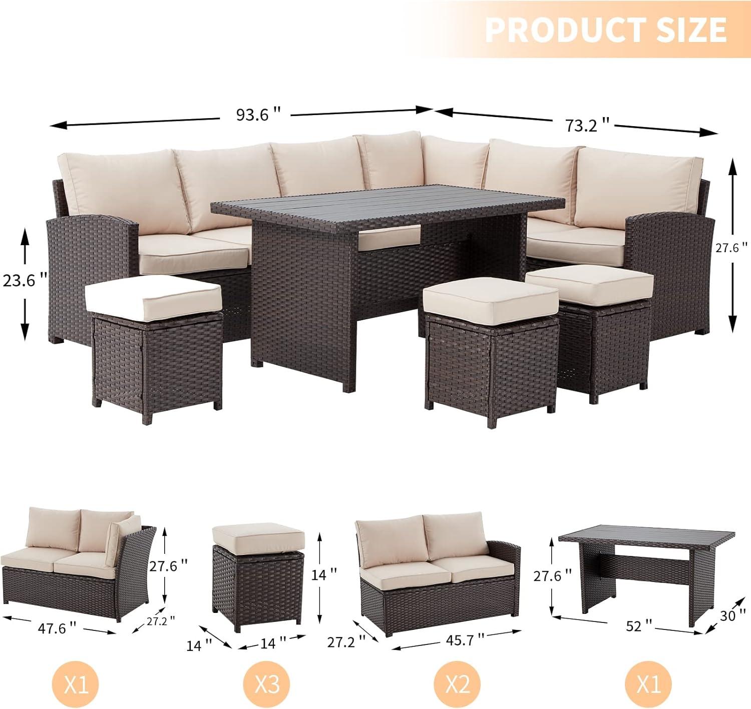 7-Piece Beige Cushioned Brown Wicker Patio Furniture Set