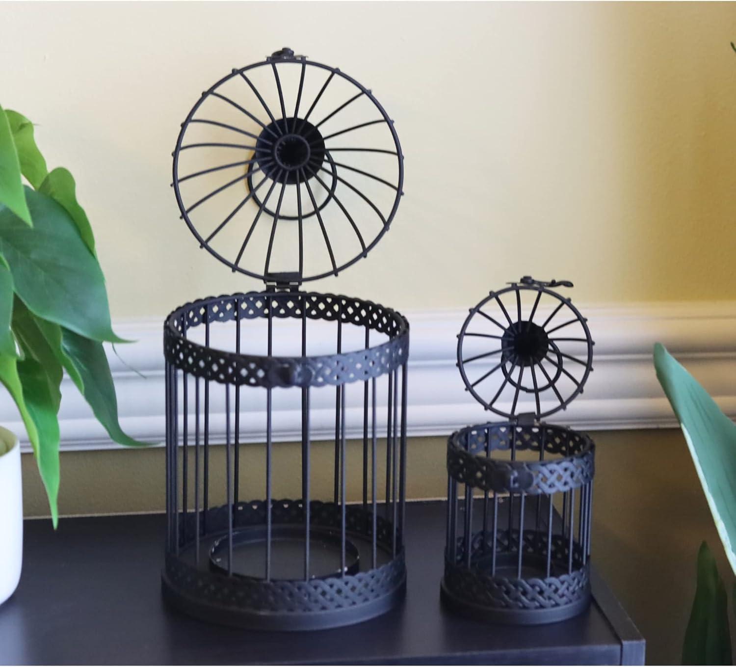 VELA LANTERNS Bird Cage Decor Candle Holder Lantern Decorative Table Centerpiece Halloween Decorations, 10" and 6" Tall, Black, Set of 2