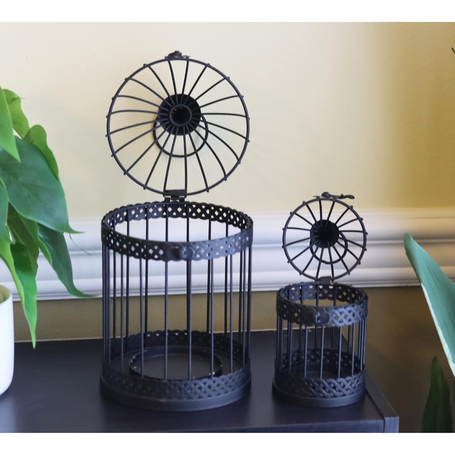 VELA LANTERNS Bird Cage Decor Candle Holder Lantern Decorative Table Centerpiece Halloween Decorations, 10" and 6" Tall, Black, Set of 2