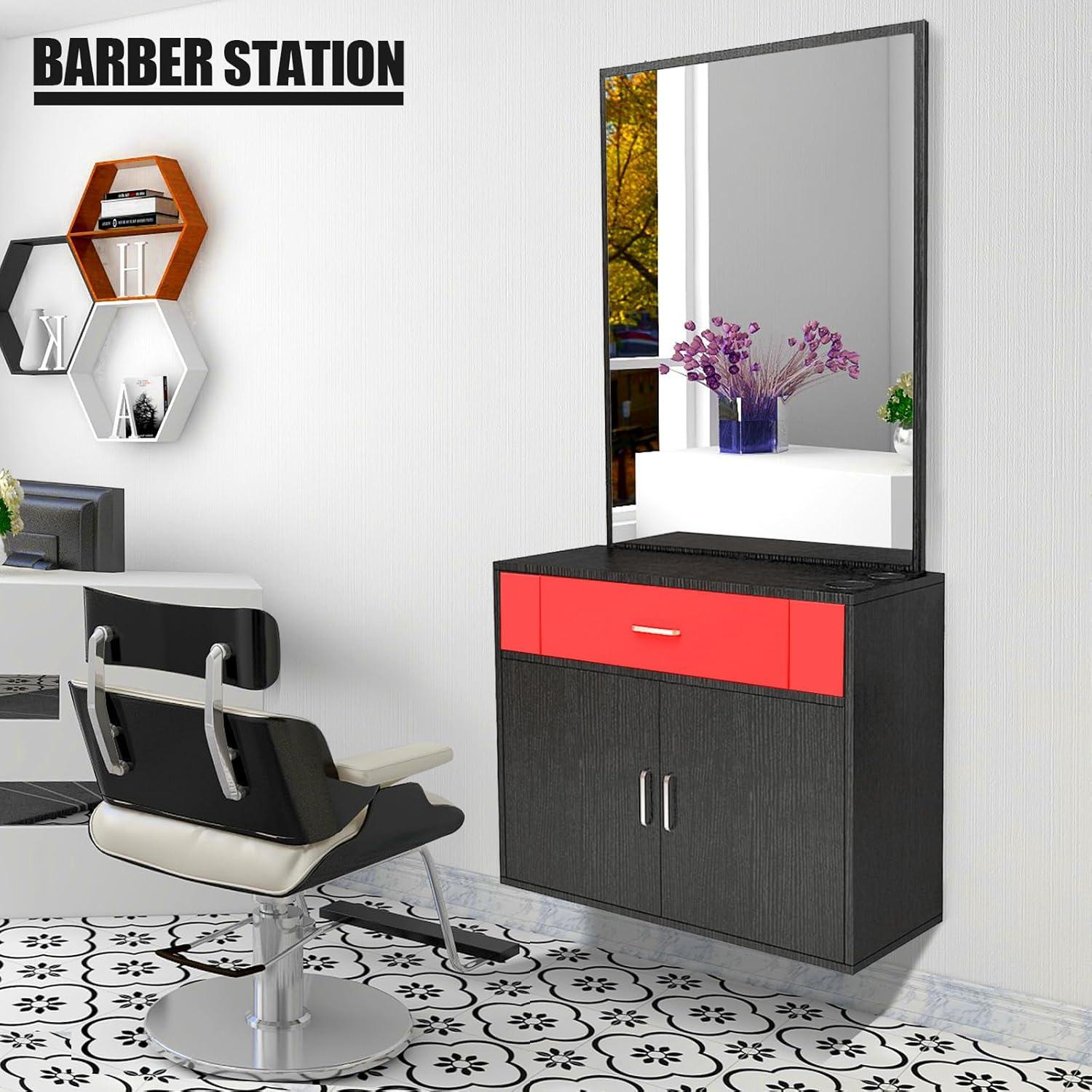 Artist Hand Wall Mount Salon Barber Station Styling Beauty Spa with Mirror, Left Shelf (Black)