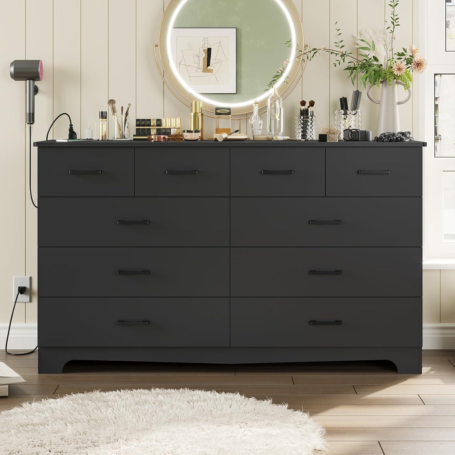 10 Drawers Dresser for Bedroom, Chest of Drawers with Charging Station, Bedroom Storage Organizer, Black