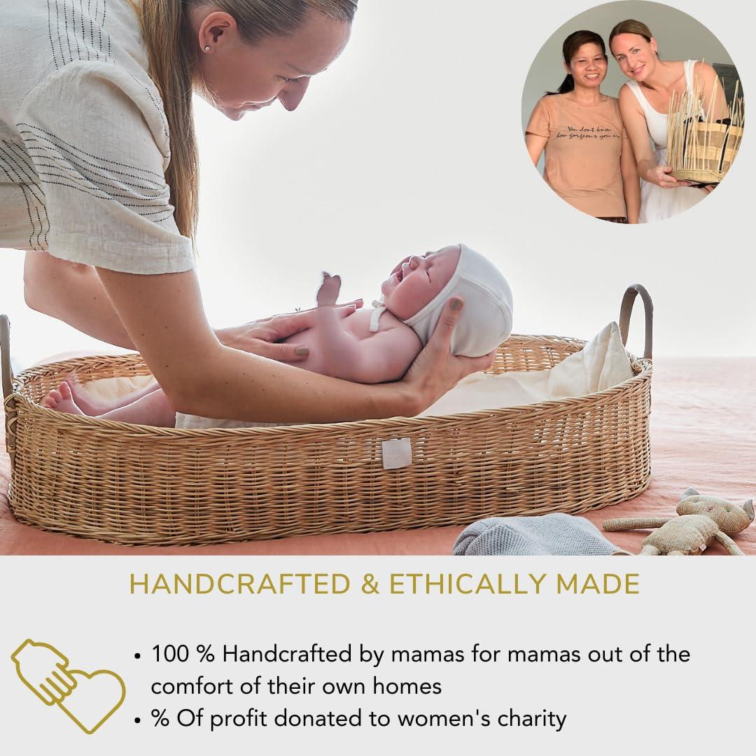 Premium Baby Changing Basket - Artisan-Crafted Rattan with Extra High Sides - Wicker Changing Basket for Baby Dresser - All Accessories Included - Complete Set for Nursery (Rattan)