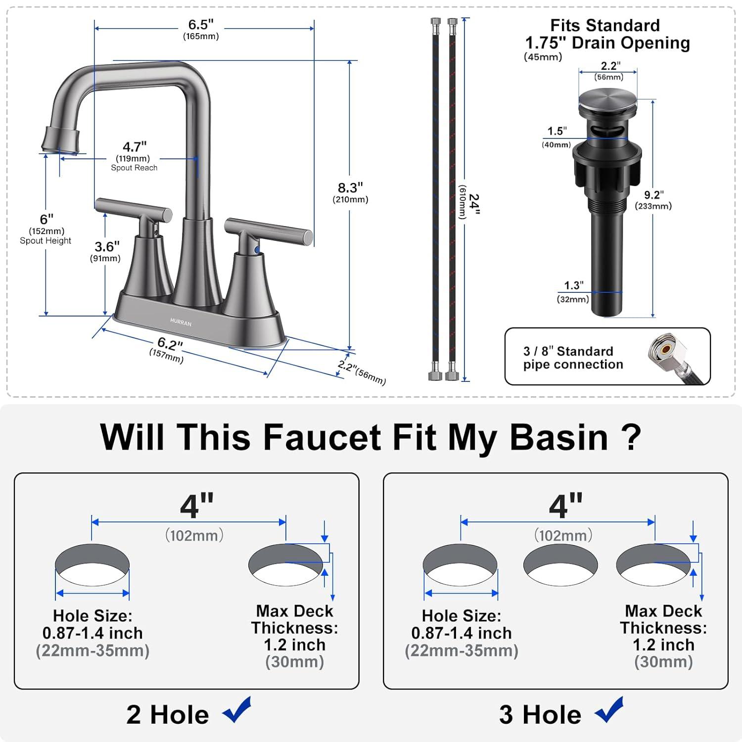 4 Inch Bathroom Faucets for Sink 3 Hole, Faucet for Bathroom Sink with Pop-up Drain & Supply Hoses, 2-Handle 360 Swivel Spout Stainless Steel Lead-Free, Centerset Faucet for Vanity Lavatory