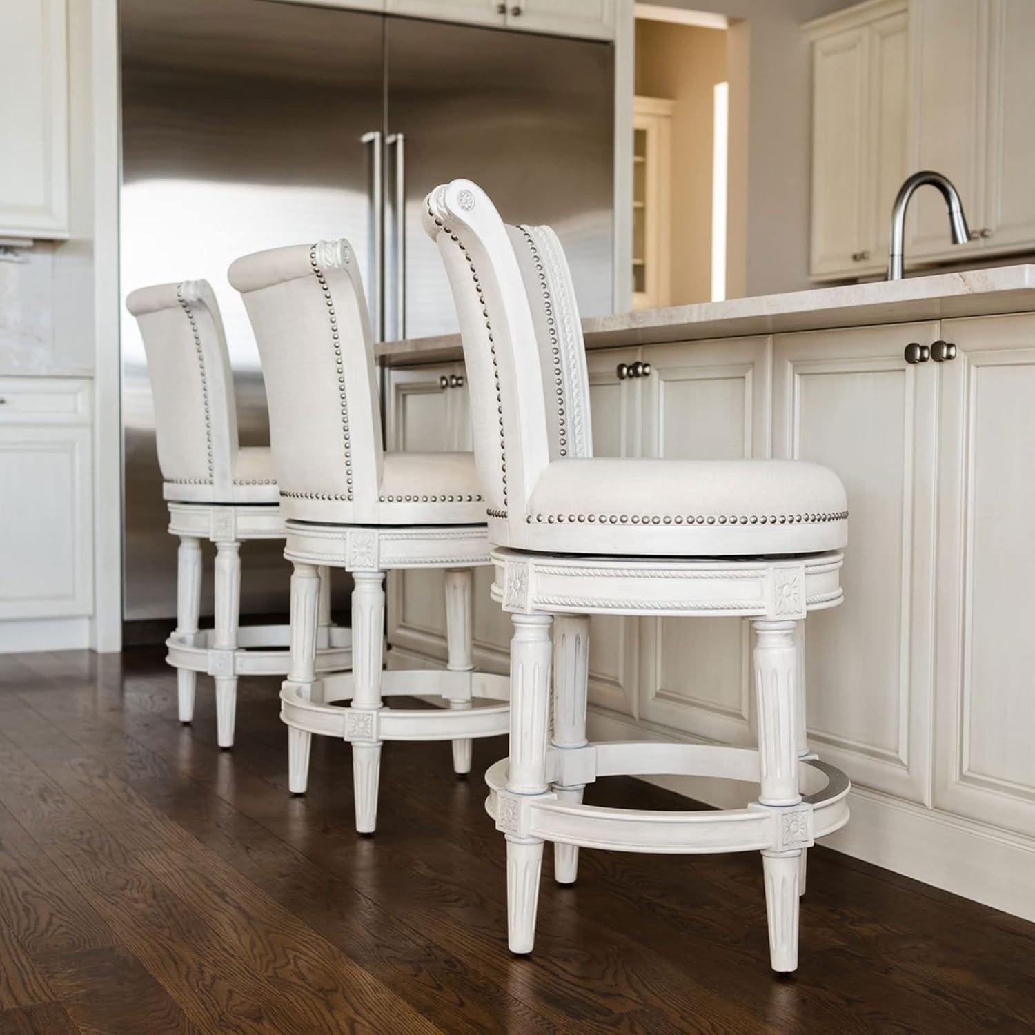 White Oak Swivel Upholstered Bar Stools with Nailhead Trim, Set of 3